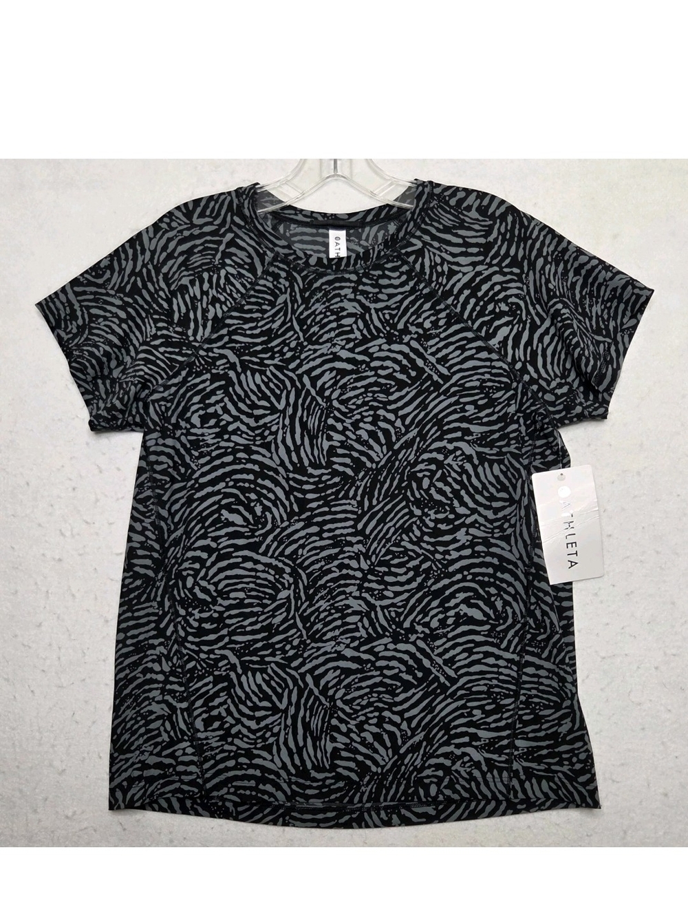 Athleta Ultimate Printed Train Tee Small Short Sleeve Shirt Black Gray Gym UPF